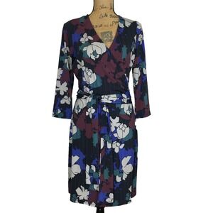SABIE Dress MED Muted Purple Blue‎ Gray Green Floral Faux Wrap Jersey A Line